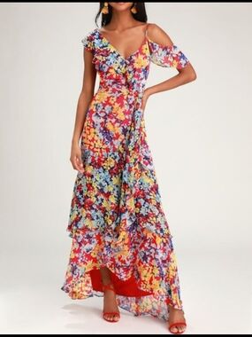 Lulu's Red Multicolor Floral High-Low Maxi Dress